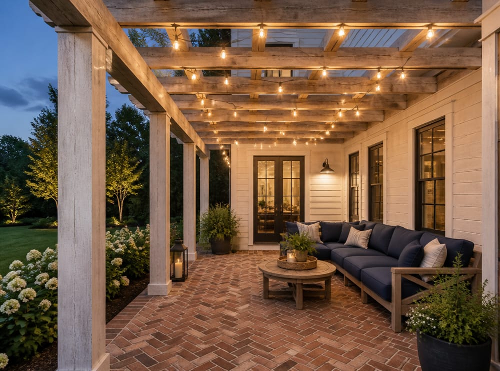 Pérgola blanqueada con guirnalda de luces y sofá azul marino