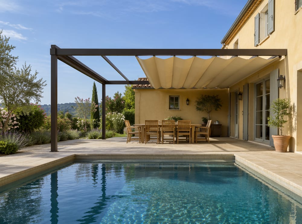 Toldo de lona retráctil medio abierto sobre la terraza de la piscina