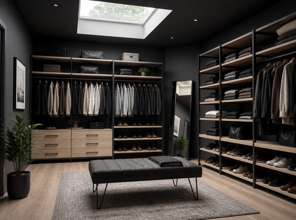 Matte black open shelving in an L-shape layout