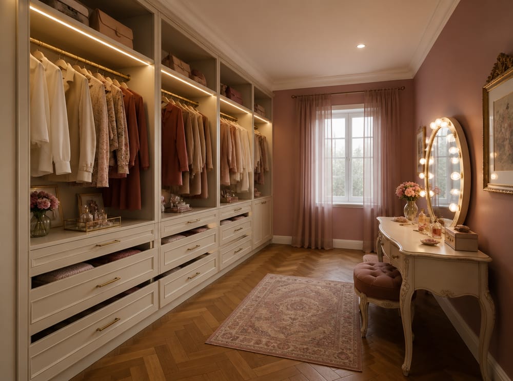 Vintage vanity beside open-rail wardrobe on longest wall