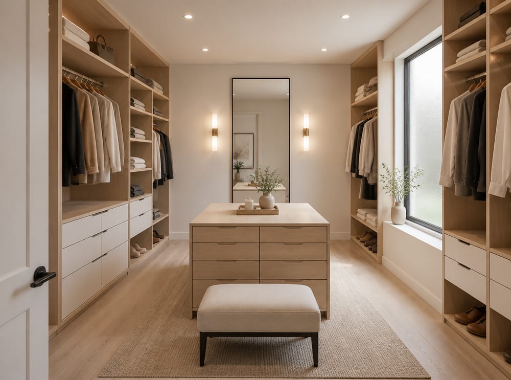 Open wardrobe units flanking a central island dresser