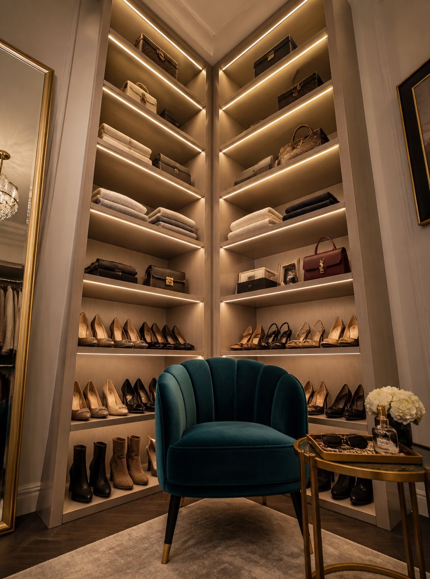 LED-lit shelving tower with teal accent chair below