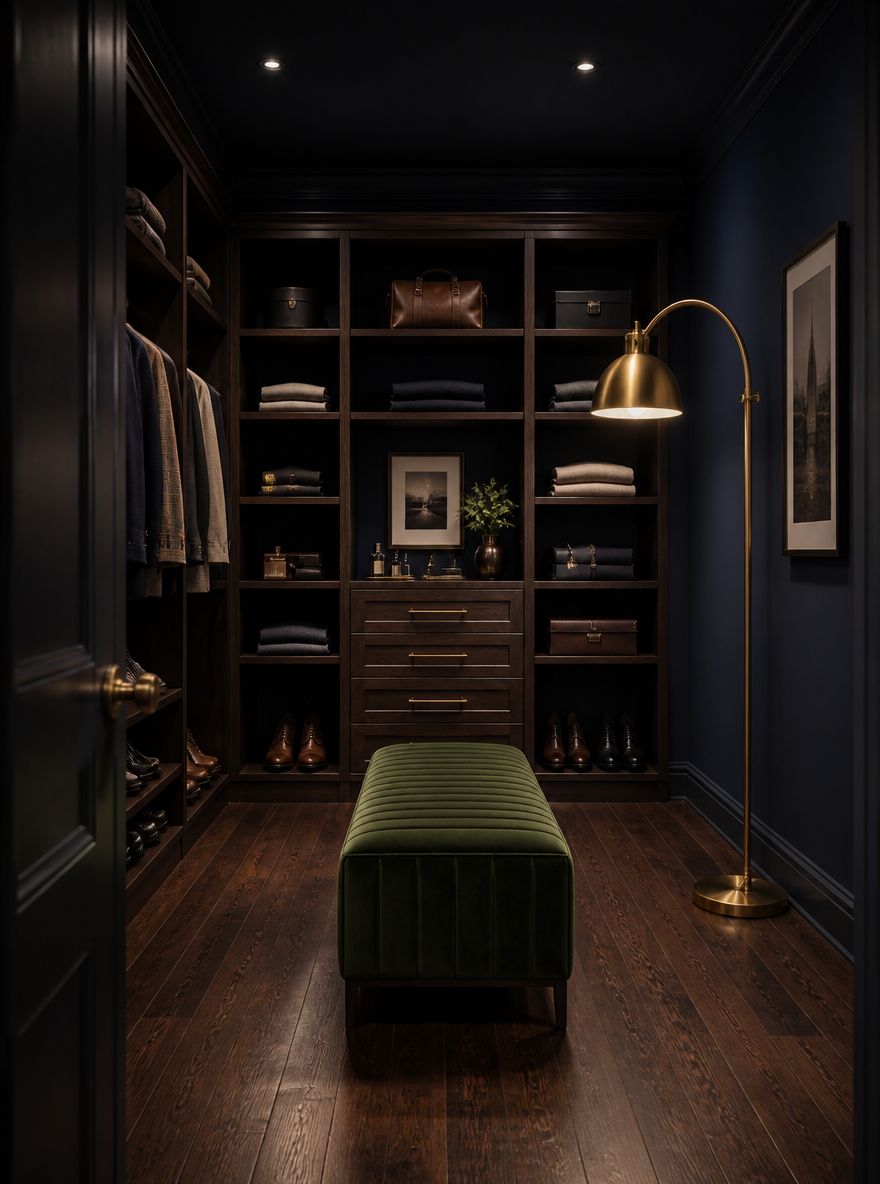 Navy walls with walnut shelving and brass arc lamp