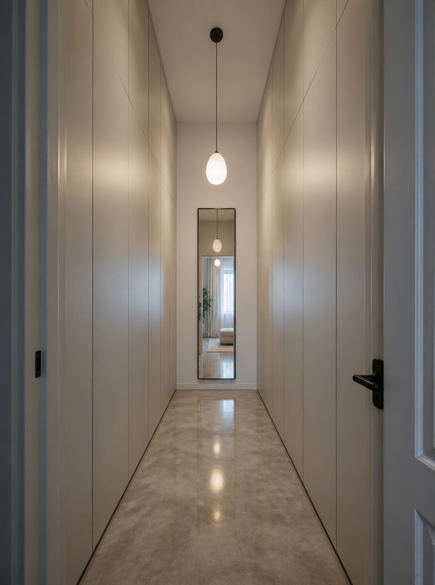 Symmetrical cabinetry lining a narrow dressing corridor