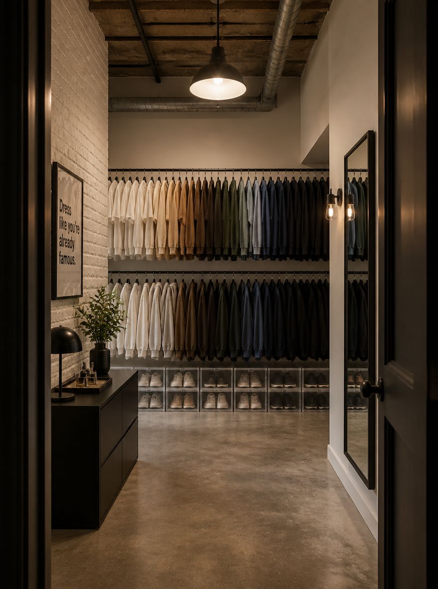 Double-height hanging rail with color-sorted garments