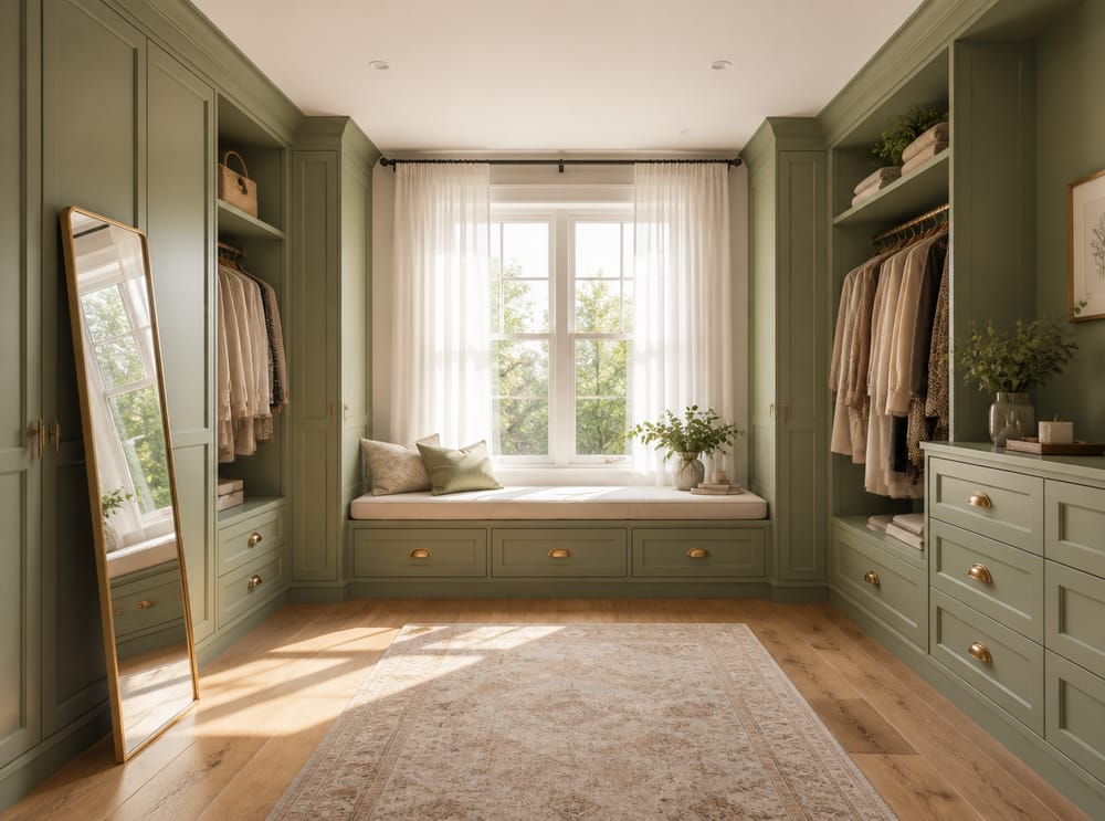 Sage cabinetry wrapping a window-seat storage bench