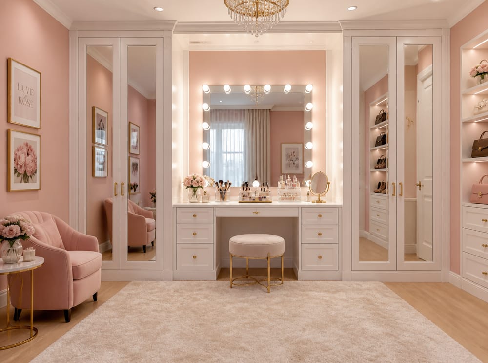Hollywood bulb mirror centered between mirrored wardrobes
