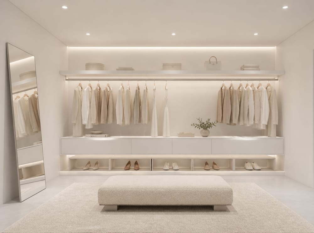 Floating two-level rail system in an all-white room