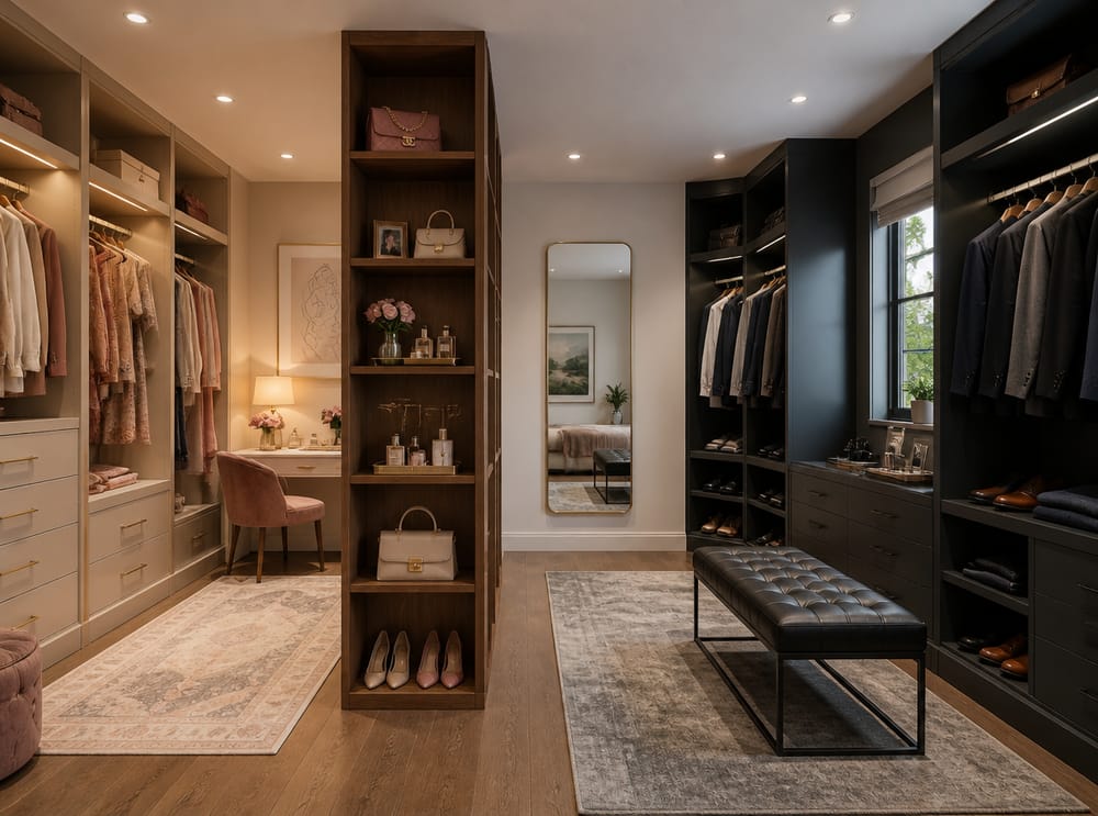 Shared dressing room divided by open shelving unit