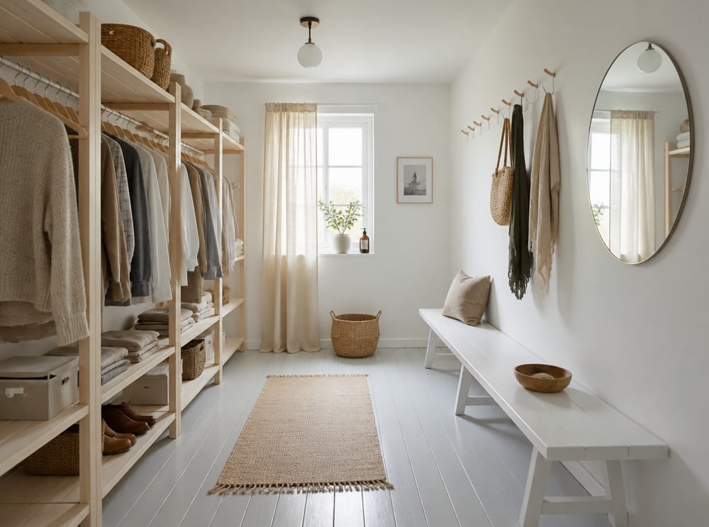 Birch wardrobe frames opposite a bench-and-hook wall