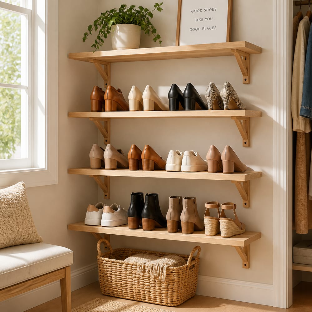 Angled shoe shelves with heel-out display method
