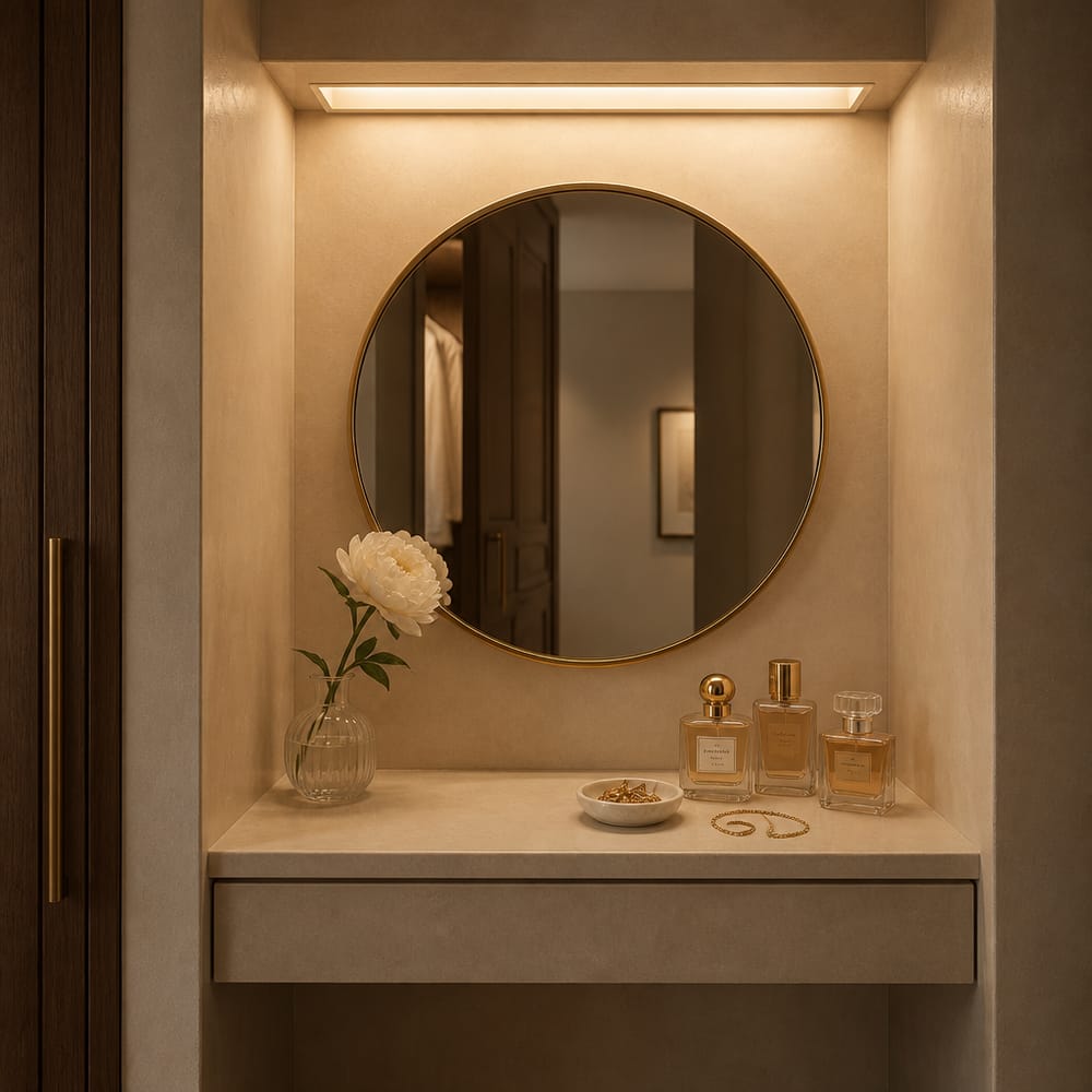 Recessed vanity nook with brass-framed round mirror