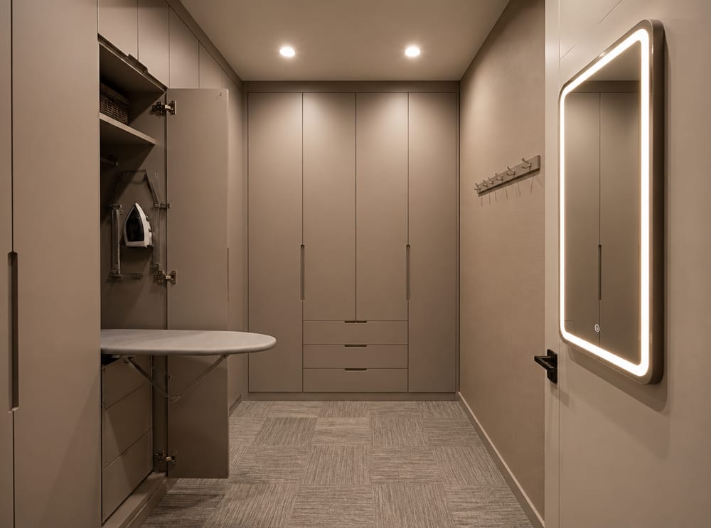 Compact three-wall cabinetry with fold-down ironing board