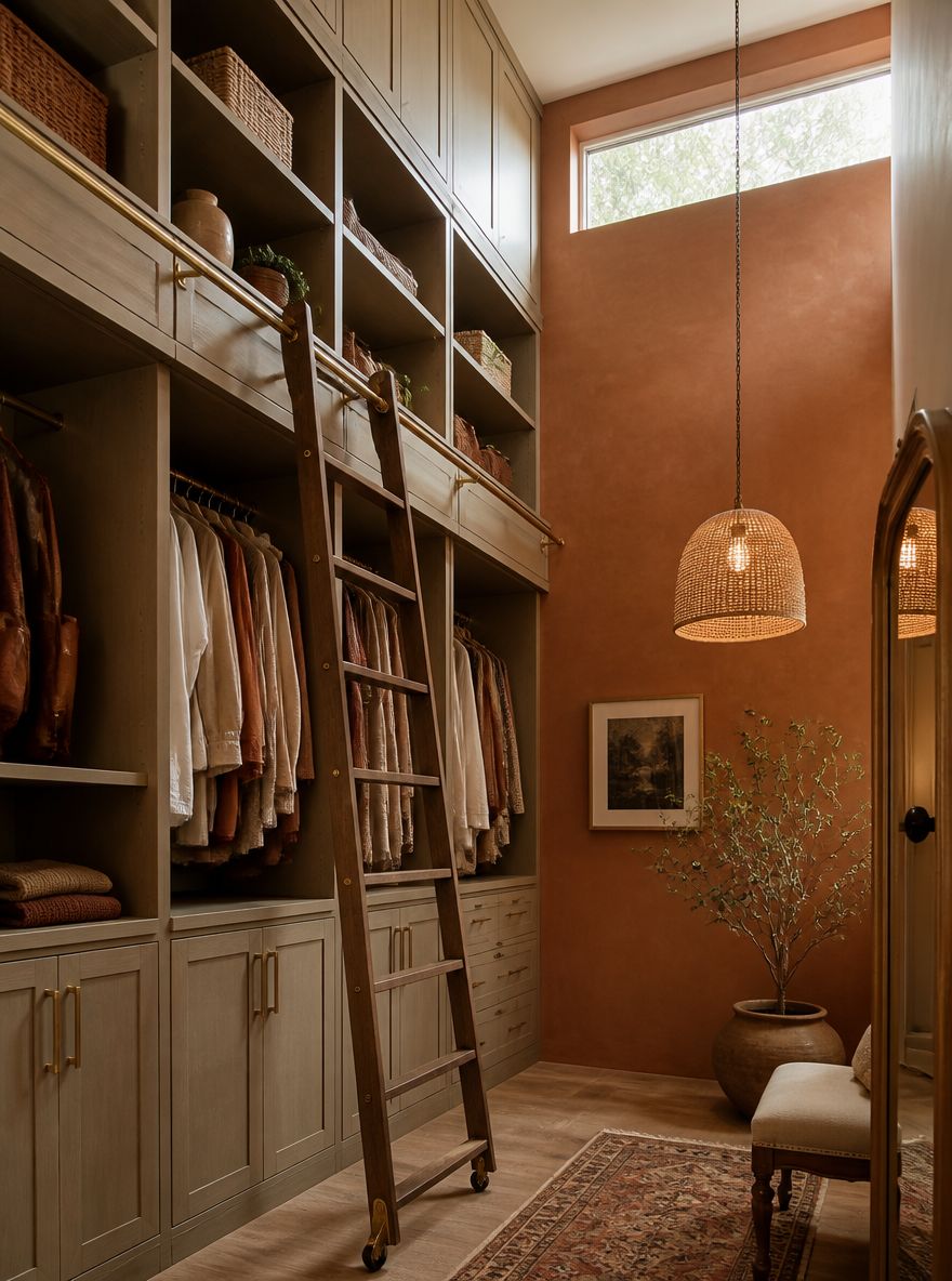 Rolling library ladder on brass rail for upper shelves