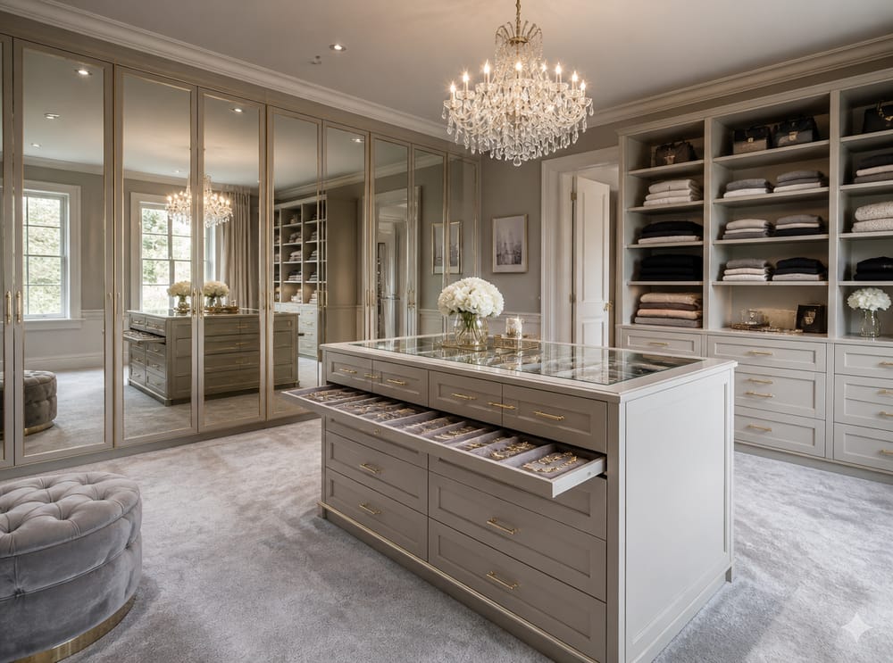 Mirrored sliding doors reflecting an island jewelry unit