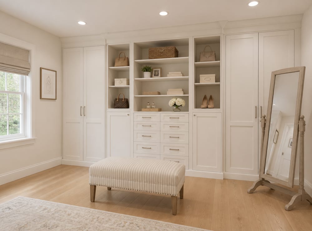 Shaker cabinetry with cheval mirror in the corner
