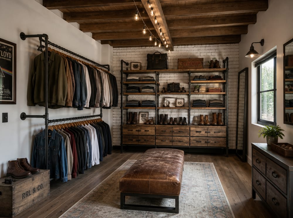 Pipe rails and reclaimed wood shelving on brick wall