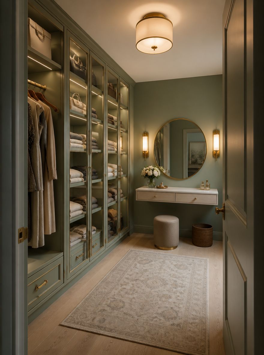 Glass-front floor-to-ceiling cabinet displaying folded garments