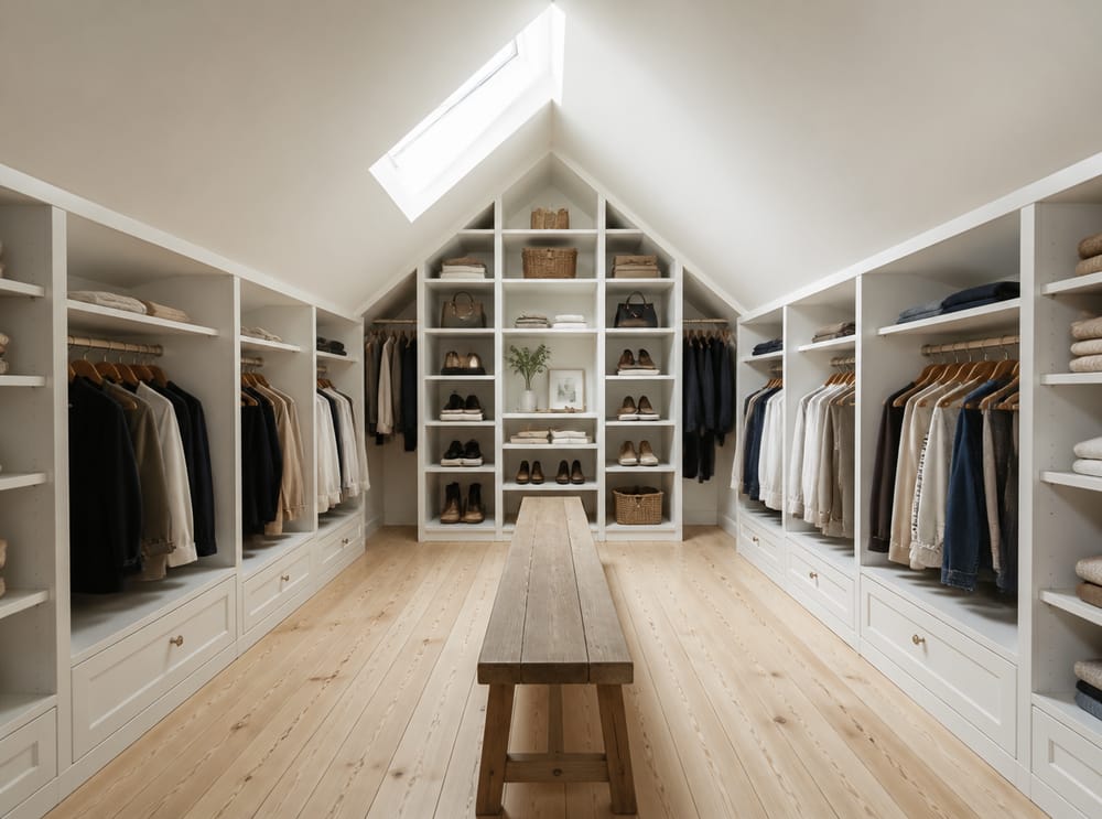Attic dressing room with roofline-fitted cabinetry and skylight