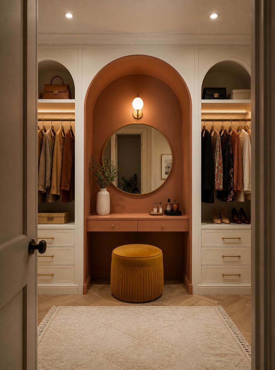 Arched alcove dressing table flanked by open wardrobes