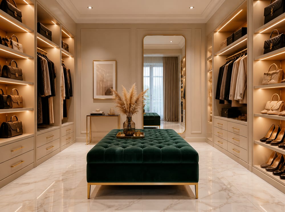 Velvet island bench between backlit wardrobe cabinetry