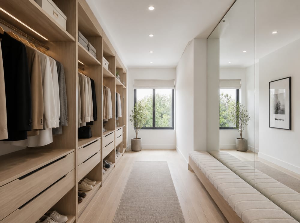Full-length mirror wall opposite a hallway wardrobe run