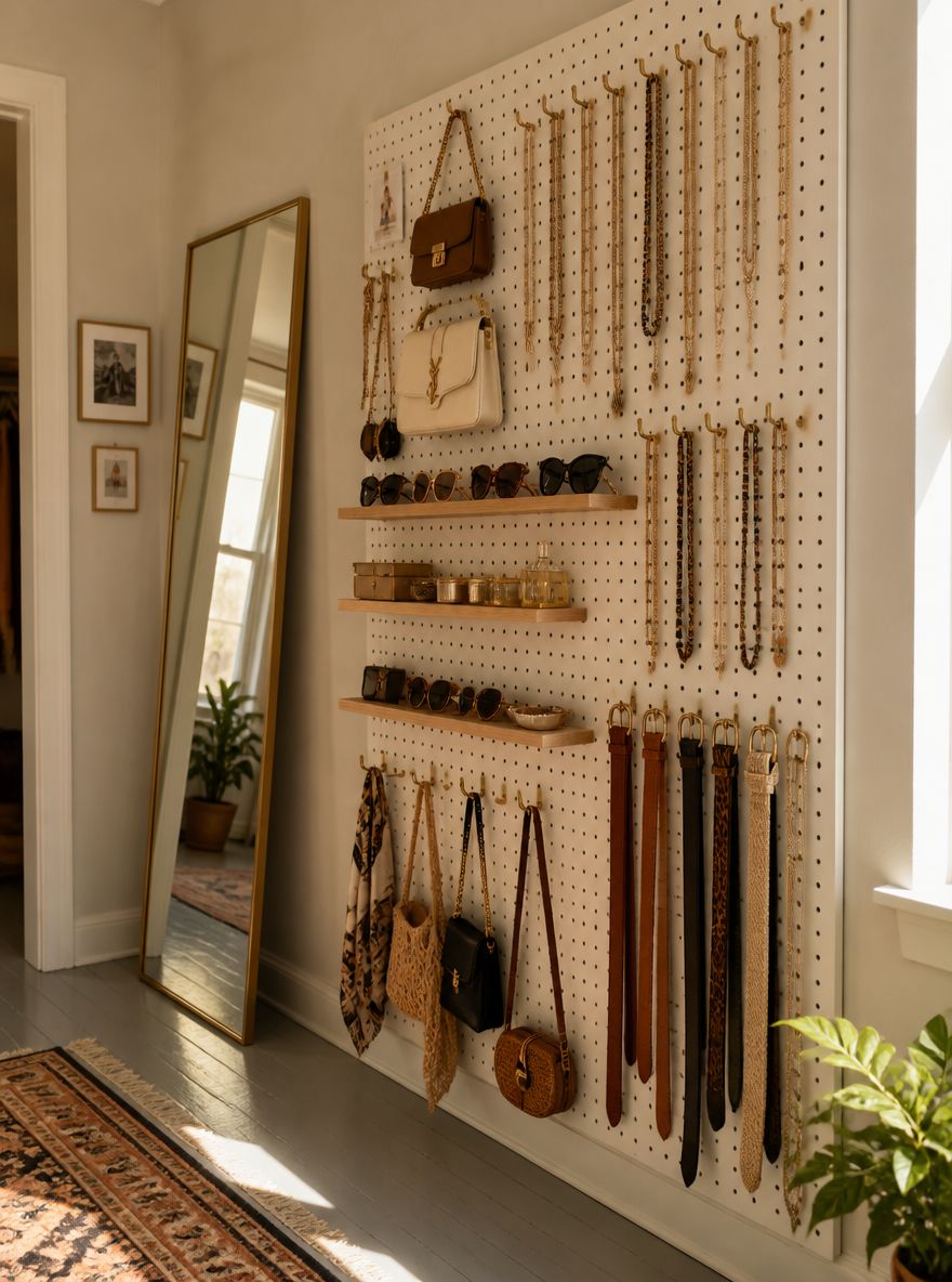 Pegboard accessory wall with brass hooks and small shelves