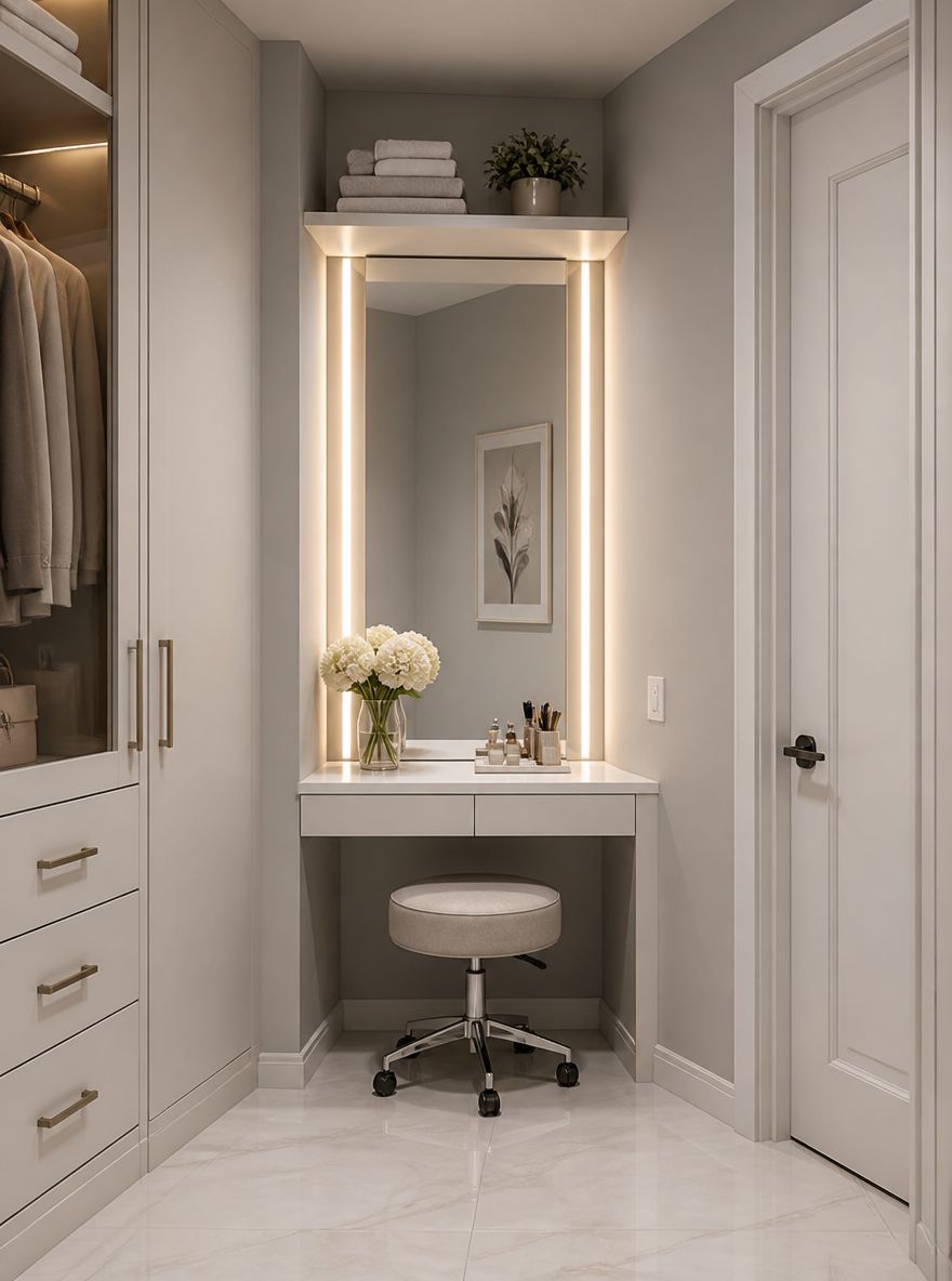 Corner vanity with LED-framed mirror and caster stool