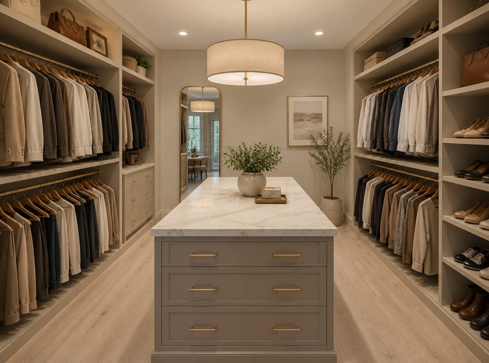 Marble-top island centered between double hanging rails