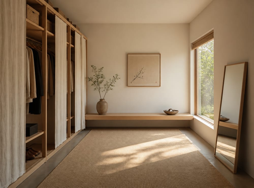 Low platform bench and linen-curtained open wardrobe frames