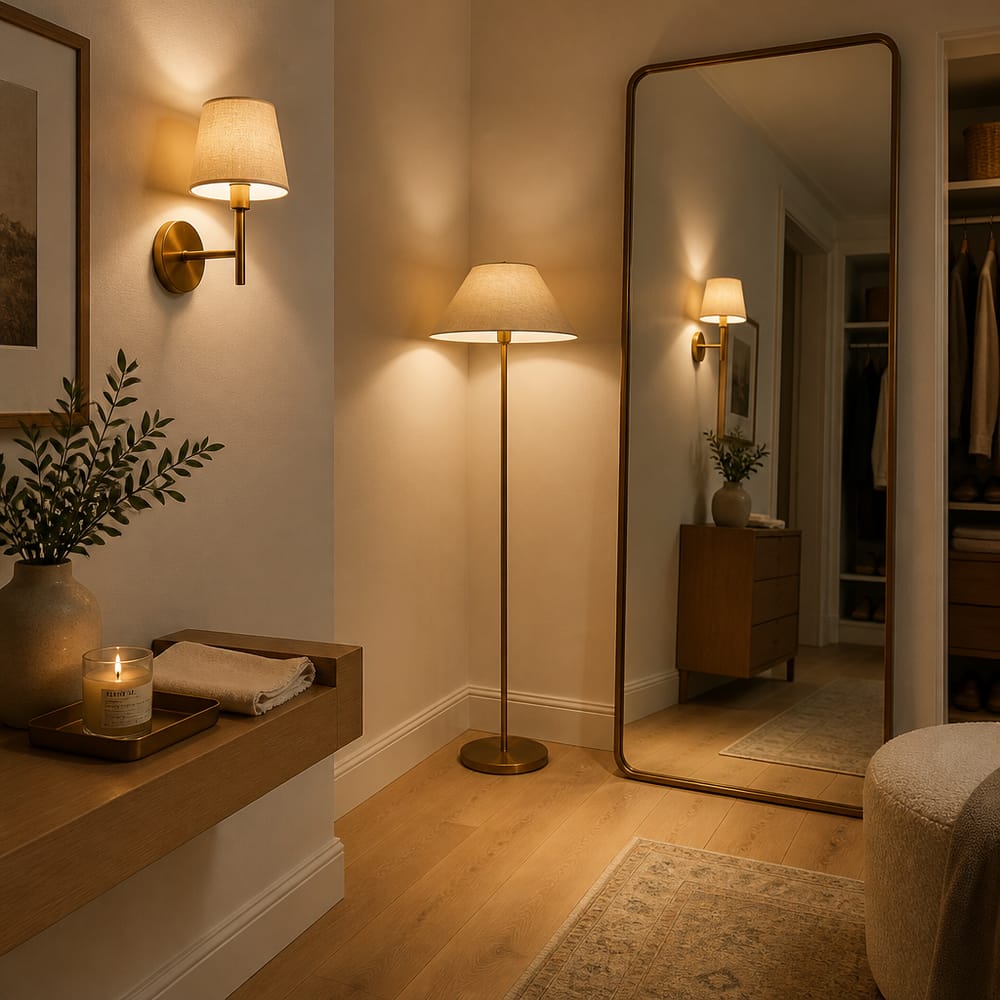 Layered sconce and floor lamp beside a dressing mirror