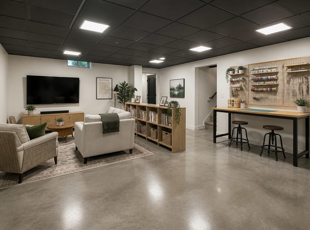 Zona de estar y mesa de manualidades comparten el sótano