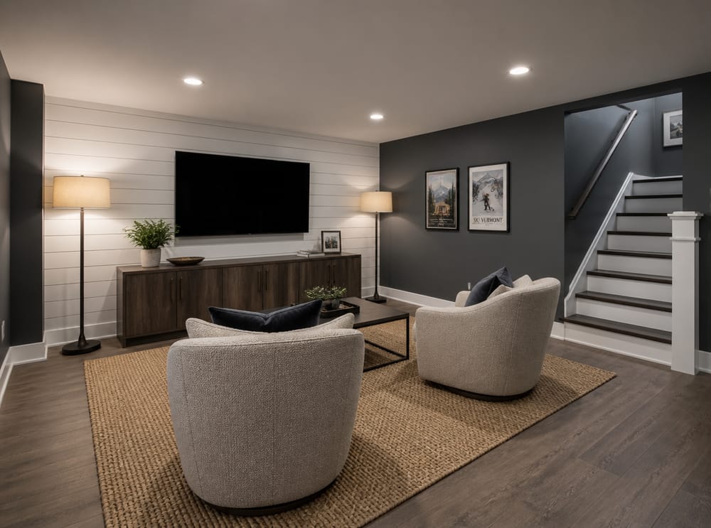 Sillas giratorias frente a pared de TV con shiplap