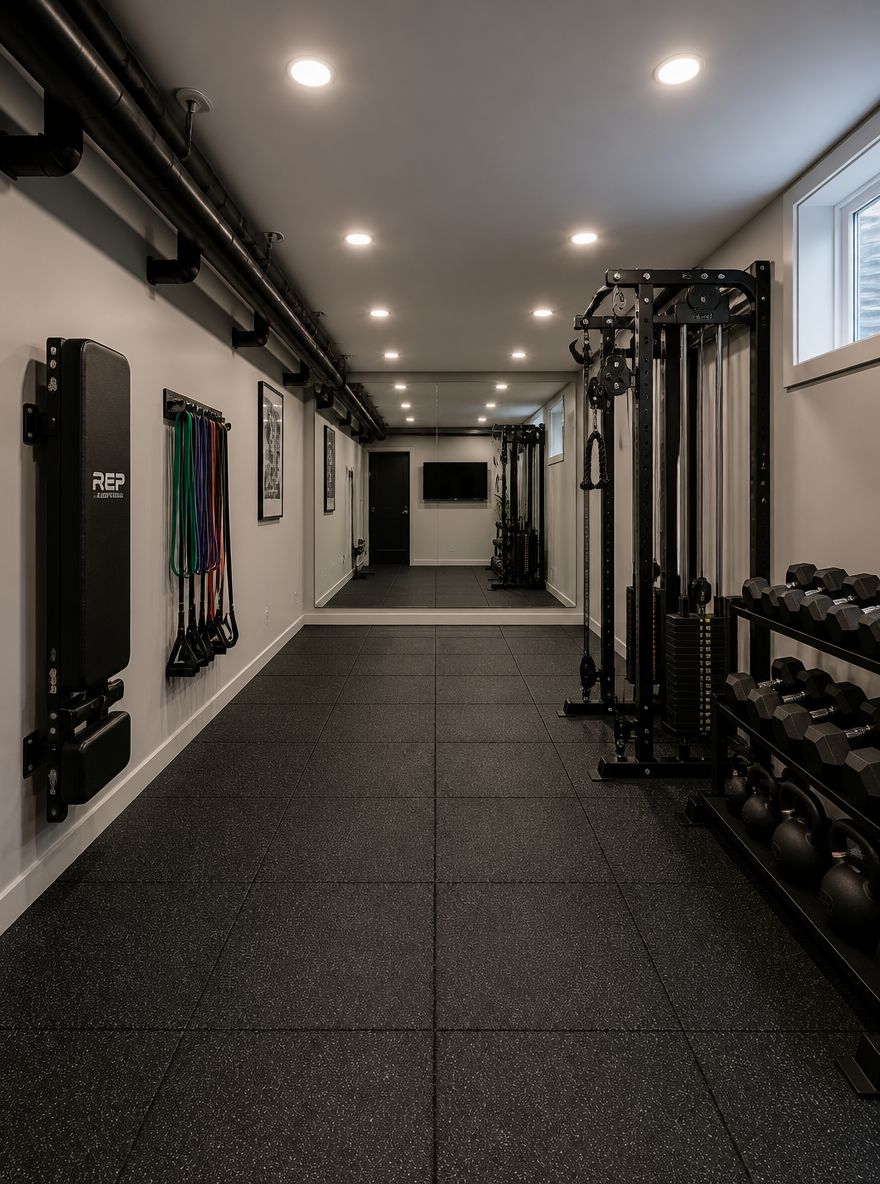 Gimnasio con suelo de goma y pared espejada al fondo