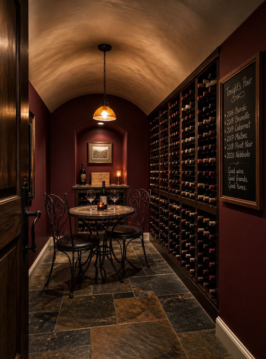 Bodega de vino de piso a techo con mesa bistró