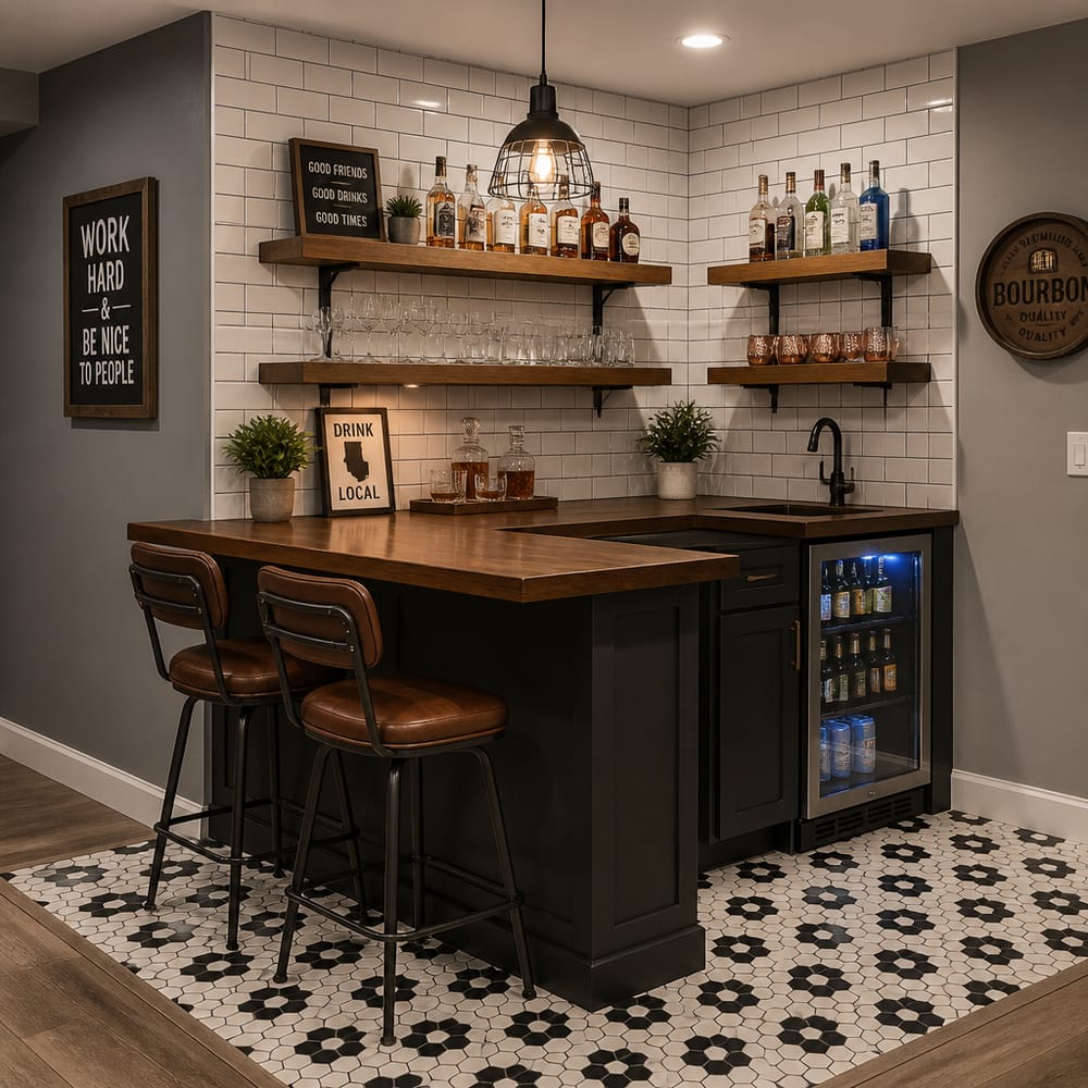 Bar esquinero con azulejo tipo subway y lámpara jaula