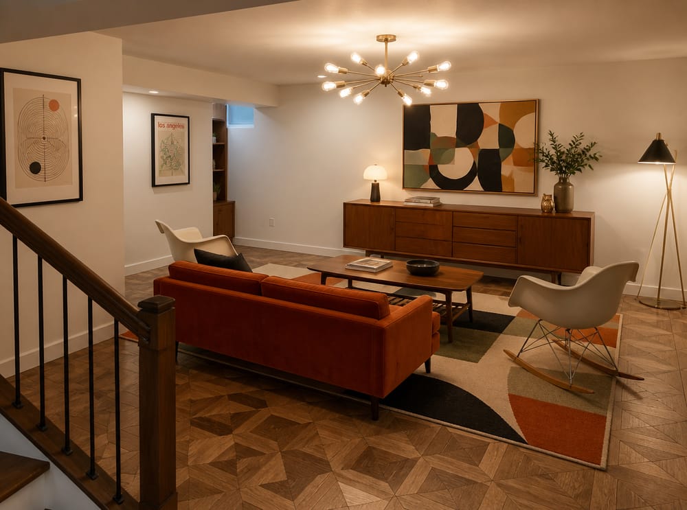 Sofá de terciopelo naranja y lámpara sputnik, sótano mid-century