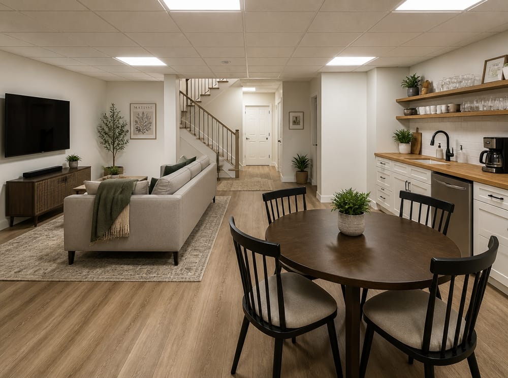 Cocina y comedor compactos junto a sala en sótano