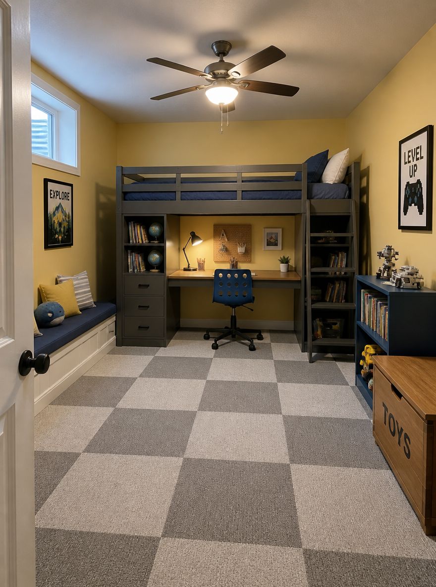 Cama loft con escritorio abajo en dormitorio de sótano
