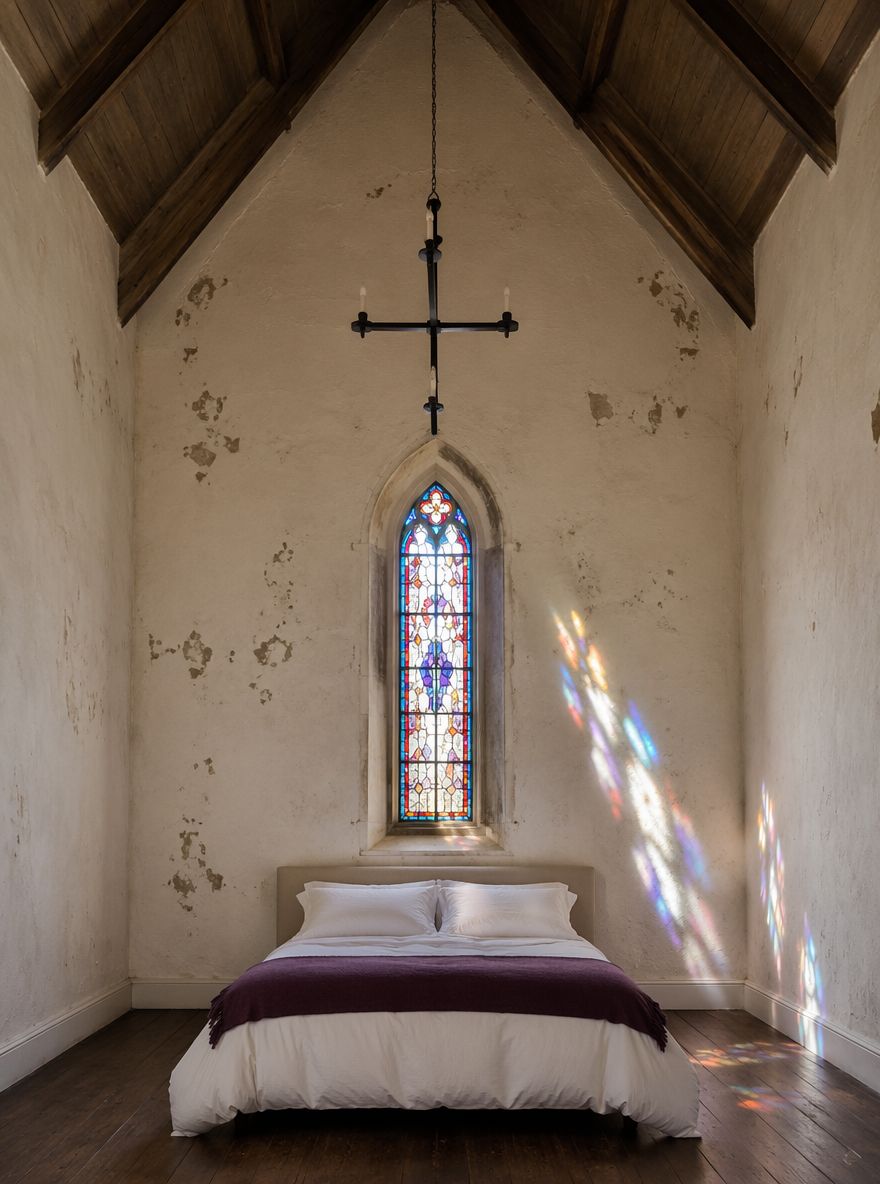 Kilise çatı katında renkli yansımalar oluşturan vitray gotik pencere