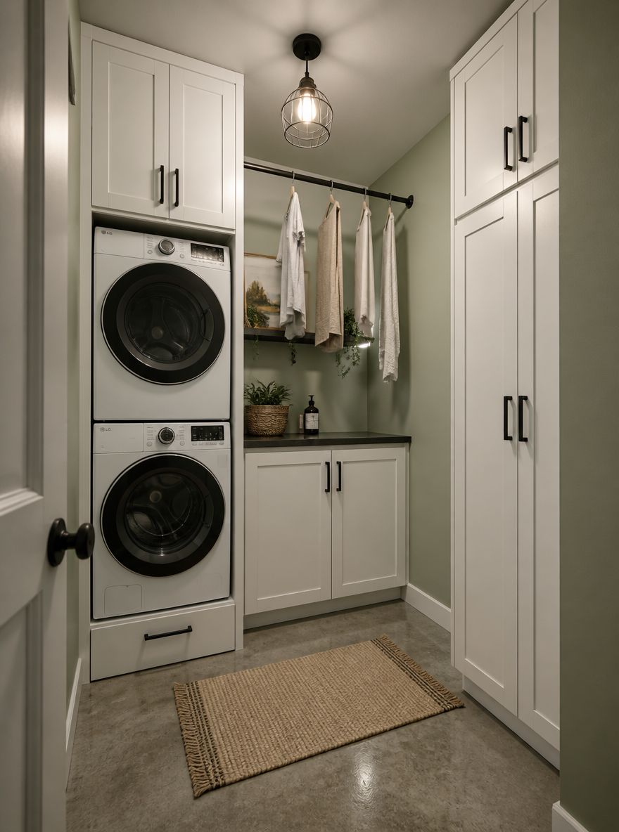 Stacked unit tucked into floor-to-ceiling cabinetry column