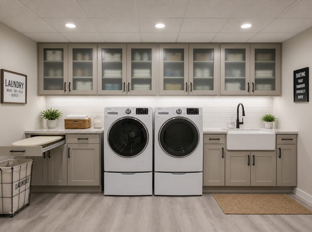 Pedestal machines flanked by matching upper and lower cabinets