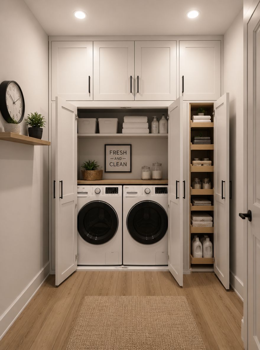Integrated appliances hidden behind shaker cabinet doors