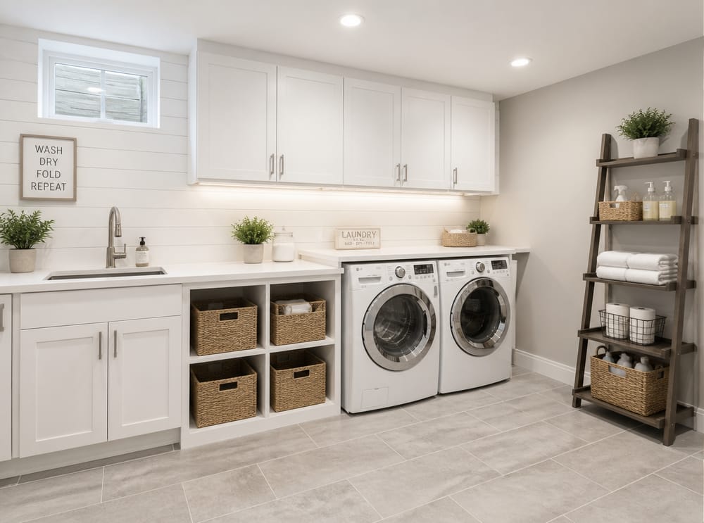 Shiplap accent wall behind machines with ladder shelf storage
