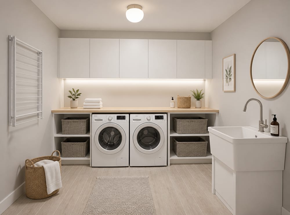 Birch countertop and woven baskets in Scandinavian layout