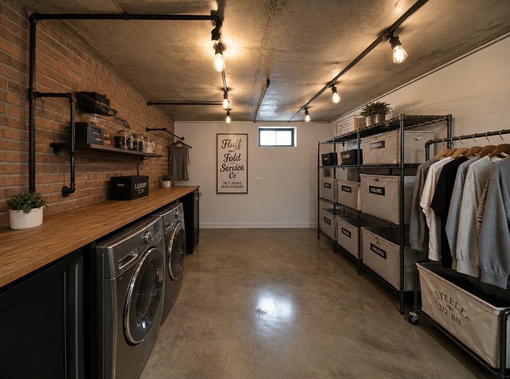 Exposed brick and pipe fixtures in industrial-style space