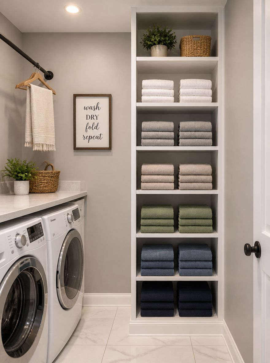 Floor-to-ceiling linen tower in corner beside machines