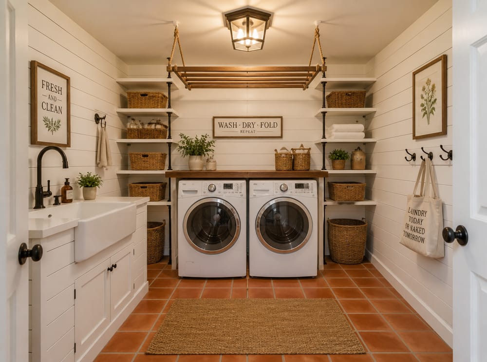 Apron-front sink beside machines on shiplap-clad base