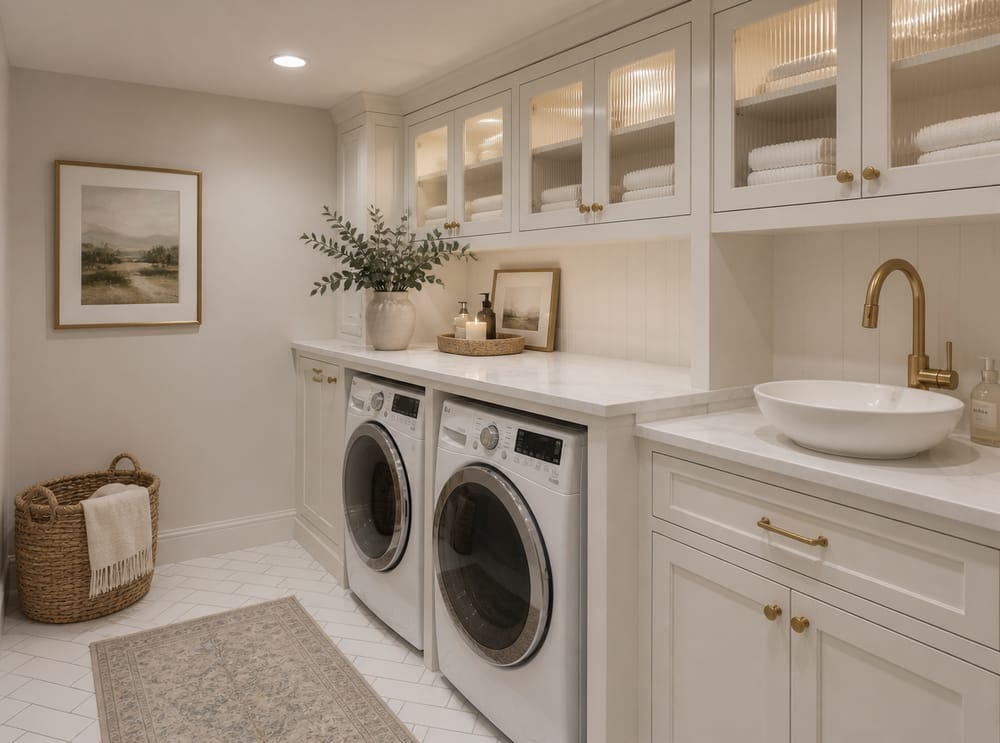 Built-in niche with marble-look counter and fluted glass cabinets
