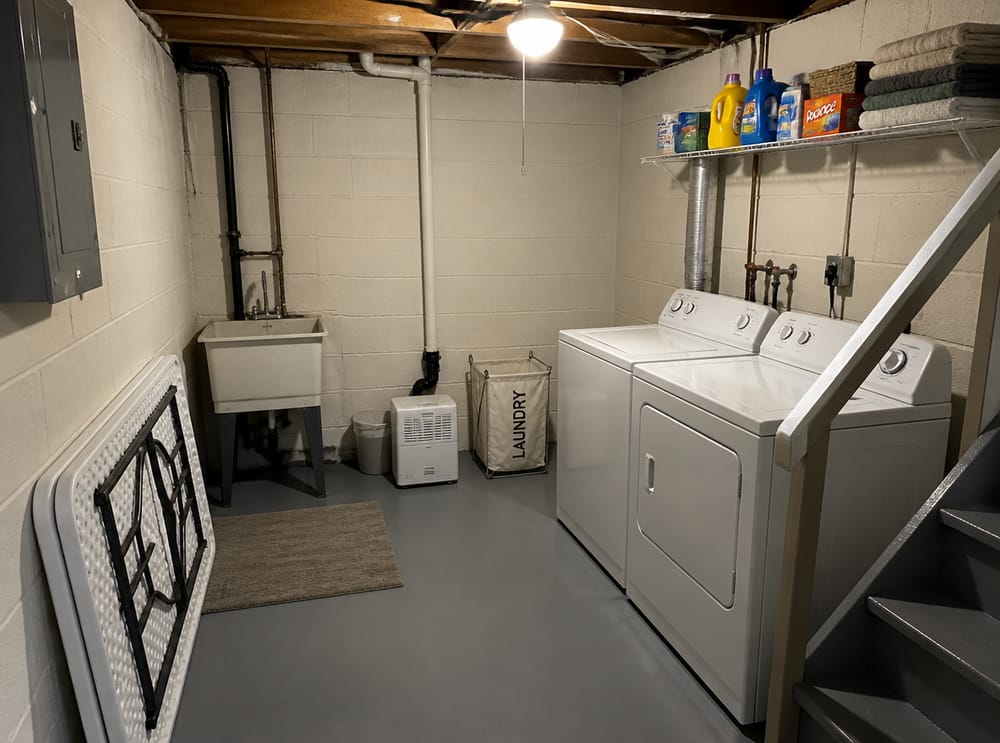 Painted block walls with wire shelving above top-loaders